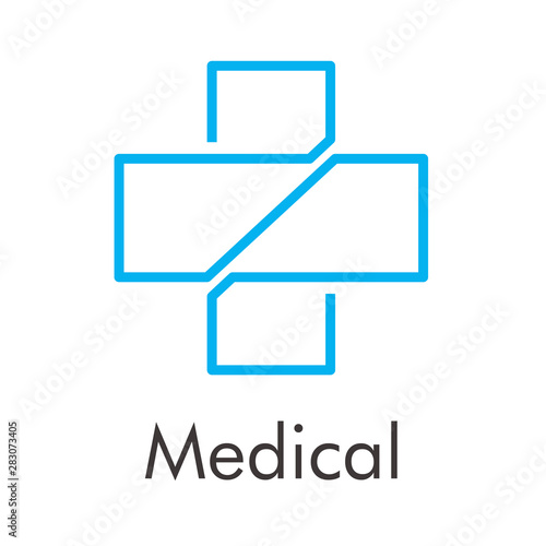 Logotipo abstracto con texto Medical con cruz lineal en color azul