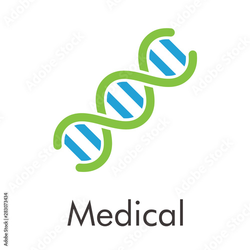 Logotipo abstracto con texto Medical con símbolo ADN en azul y verde