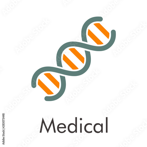 Logotipo abstracto con texto Medical con símbolo ADN en gris y naranja