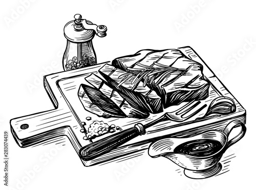 Steak bbq drawing. Meat hand drawn 