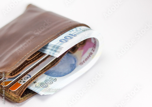 Turkish lira banknote in wallet isolated
