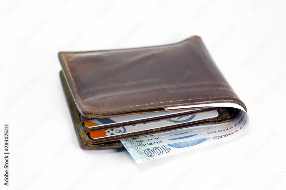 Turkish lira banknote in wallet isolated Turkish lira banknote in wallet isolated