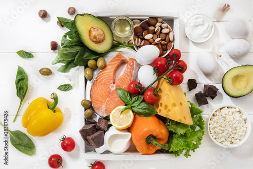Obraz na plátně Ketogenic low carbs diet - food selection on white wooden background