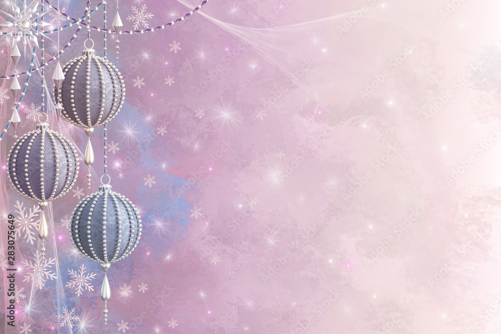 Obraz premium Christmas shining background New Year, silver snowflake, ball, fantastic blurred cloud and sky gradient, soft focus, glittering sparkling stars, burning lights, dream, pink pastel colors 3d rendering