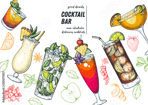 Alcoholic cocktails hand drawn vector illustration. Cocktails set. Menu design elements. Pina colada, mojito, singapore sling, long island iced tea, sidecar.