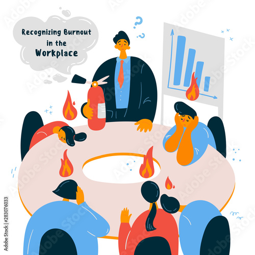 Emotional burnout office workers with their boss.Tired office worker with fire over their heads,sitting in a meeting. Emotional burnout concept.Recognising burnout.Hard work.Vector illustration.