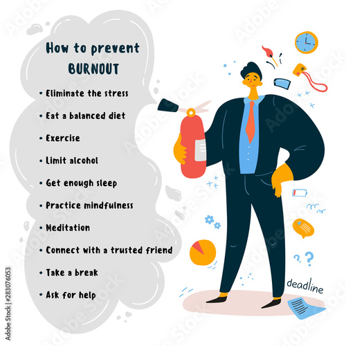 Emotional burnout concept.A man office worker, boss stands with a fire extinguisher near the tips on how to prevent emotional burnout.Office related items on the background.Vector illustration.