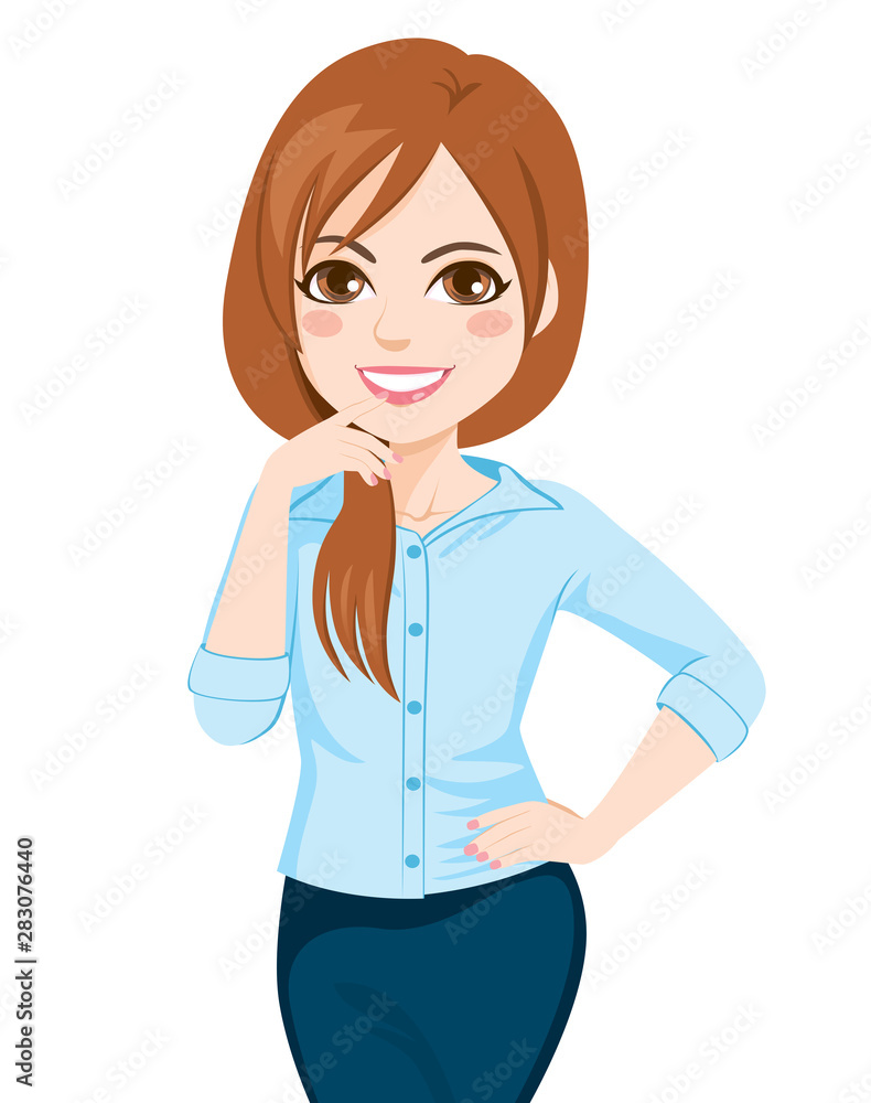 Young confident brunette businesswoman standing posing with hand on hip and touching lips with finger Young confident brunette businesswoman standing posing with hand on hip and touching lips with finger