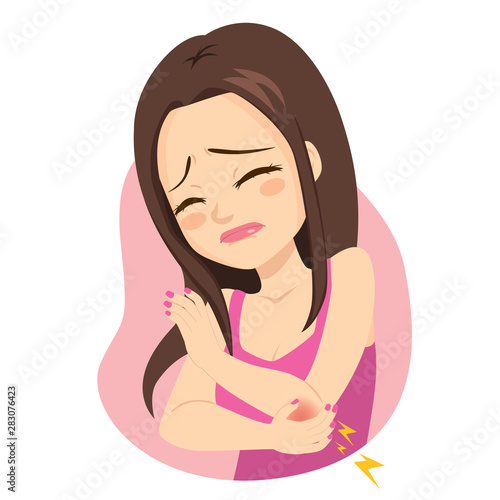 Young woman holding elbow in pain suffering arthritis symptom