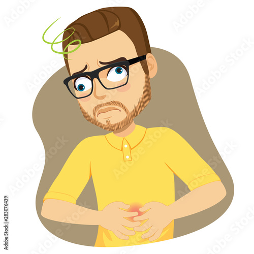 Young adult man with glasses hands on belly suffering stomachache pain and dizziness weakness