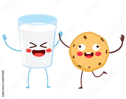 Cute milk glass and chocolate chip cookie food cartoon characters friends happy breakfast high five