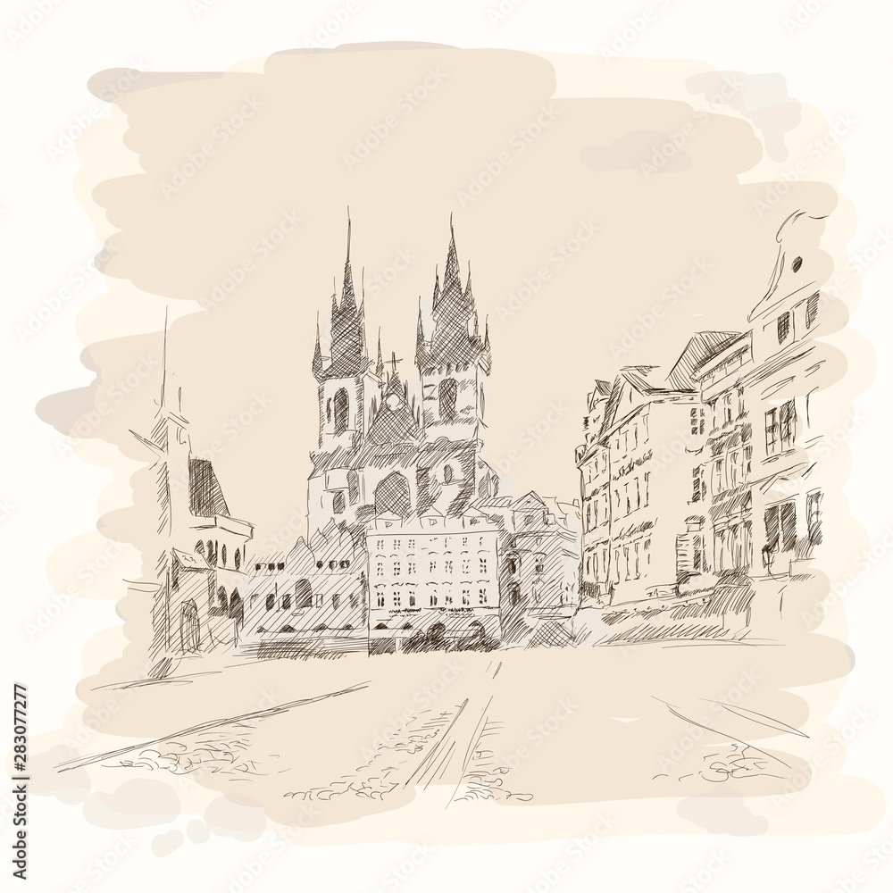 Temple of the Virgin Mary in Prague. A quick sketch with a pencil.