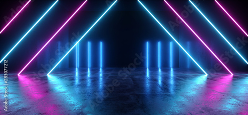 Neon Glowing Lights Retro Cyber Triangle Blue Purple Luminous Fluorescent Lights Abstract Grunge Concrete Tunnel Room Sci Fi Futuristic Stage Empty Night Background 3D Rendering