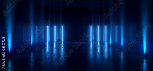 Neon Glowing Lights Retro Cyber Virtual Blue Luminous Fluorescent Tube Lights Abstract Grunge Concrete Tunnel Room Sci Fi Futuristic Stage Empty Night Background 3D Rendering © IM_VISUALS