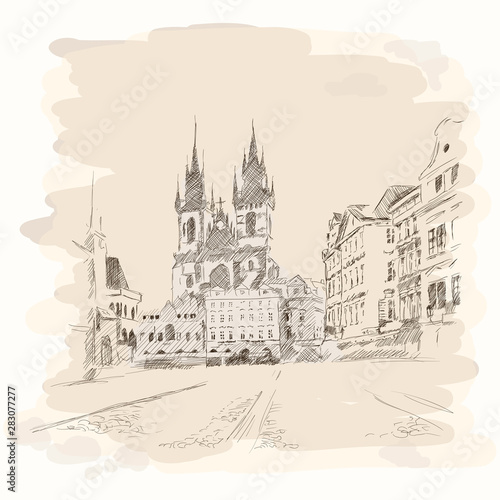 Temple of the Virgin Mary in Prague. A quick sketch with a pencil.
