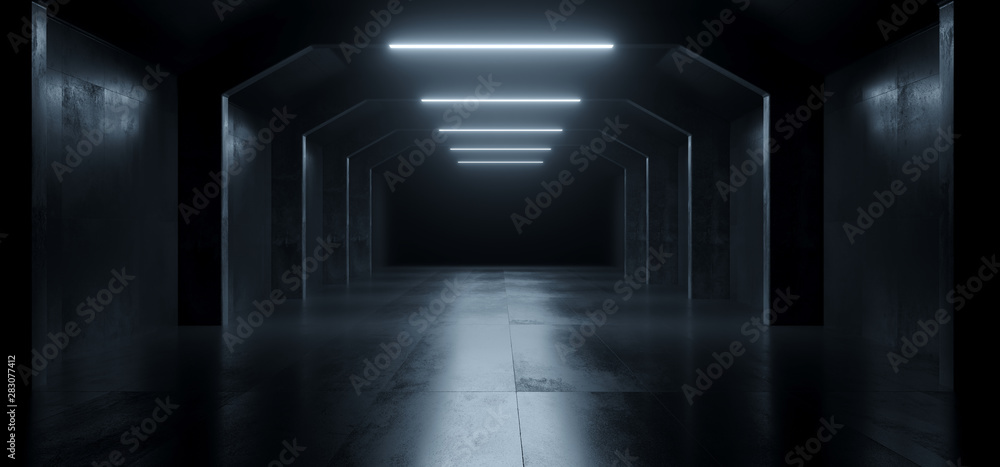 Sci Fi Modern Futuristic Elegant Spacehip Concrete Grunge Reflective Dark Night Tunnel Corridor Path Hallway Gate Alien Empty Background 3D Rendering - obrazy, fototapety, plakaty 