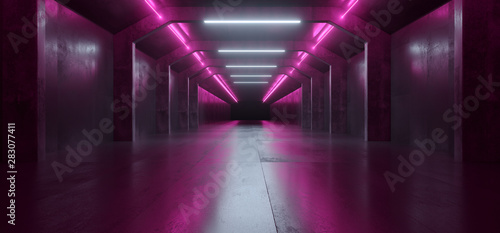 Sci Fi Futuristic Neon Glowing Purple Vibrant Reflective Dark Concrete Grunge Alien Tunnel Corridor Virtual Cyber Spaceship Night Retro Modern 3D Rendering