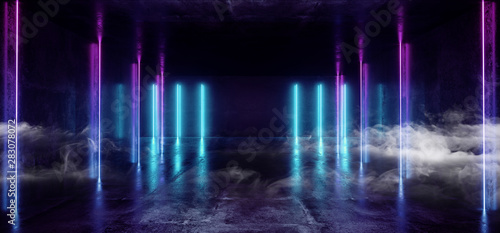 Smoke Neon Glowing Plasma Retro Cyber Virtual Purple Blue Luminous Fluorescent Tube Lights Abstract Grunge Concrete Tunnel Room Sci Fi Futuristic Stage Empty Night Background 3D Rendering