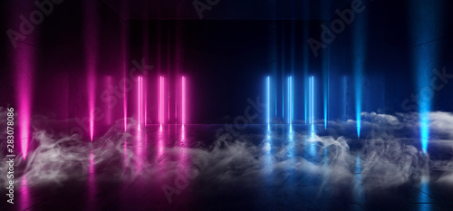 Smoke Neon Glowing Plasma Retro Cyber Virtual Purple Blue Luminous Fluorescent Tube Lights Abstract Grunge Concrete Tunnel Room Sci Fi Futuristic Stage Empty Night Background 3D Rendering © IM_VISUALS