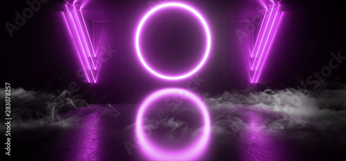 Smoke Neon Glowing Plasma Retro Cyber Virtual Purple Luminous Fluorescent Tube Lights Abstract Grunge Concrete Tunnel Room Sci Fi Futuristic Stage Empty Night Background 3D Rendering