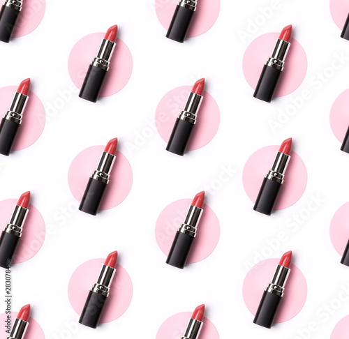 Pink lipstick seamless pattern on creative pastel pink and white background