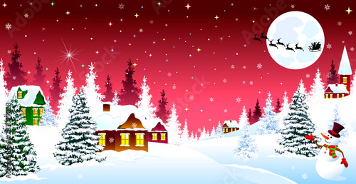 Christmas winter night over a snow-covered village. Winter rural landscape. The night eve Christmas. Village, snow, forest. Shining stars and snowflakes in the night sky. Santa on a sleigh on the back