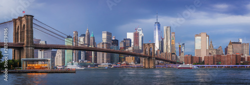 View to Manhattan skyline from Brooklyn Bridge Park Dumbo before thunderstorm. 