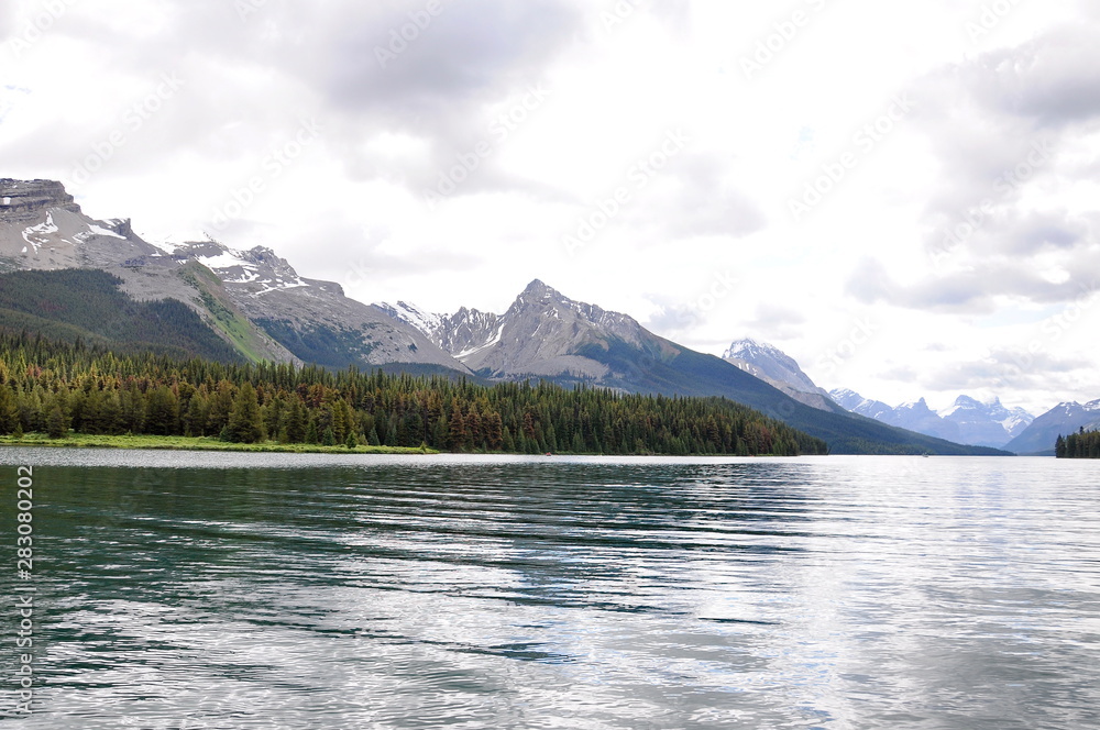 Beautiful view of Mmaligne Lake in Jasper National Park Beautiful view of Mmaligne Lake in Jasper National Park