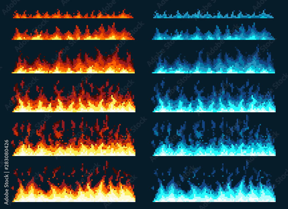Pixel art fire. Game icons set. Comic boom flame effects for emotion ...