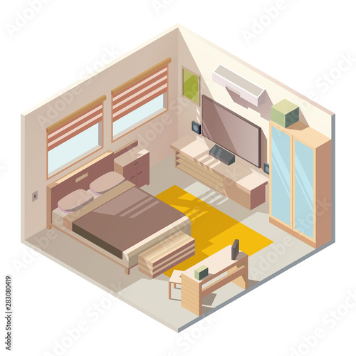 Cozy bedroom interior with wooden furniture, double bed, plasma display TV set on wall, air conditioning unit, wardrobe, table and yellow carpet on floor cross section isometric vector illustration