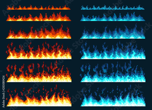 Pixel art fire. Game icons set. Comic boom flame effects for emotion. Blue and red flames.