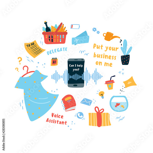 Phone whis voice assistant.There are many to-do list tasks around it. Put your business on me concept. Multitasking helper. Vector illustration.