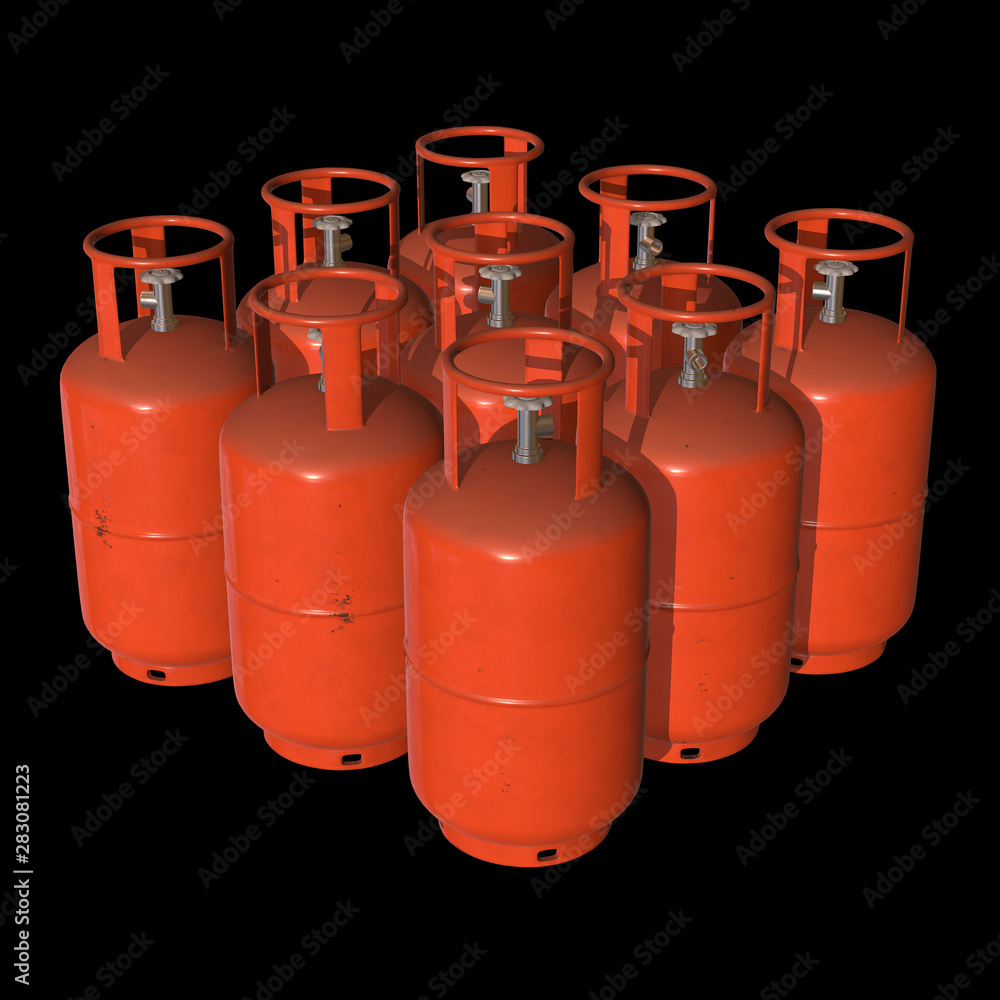 Gas cylinder lpg tank gas-bottle. Propane gas-cylinder balloon. Cylindrical container with liquefied compressed gases with high pressure and valves 3d render on black background Gas cylinder lpg tank gas-bottle. Propane gas-cylinder balloon. Cylindrical container with liquefied compressed gases with high pressure and valves 3d render on black background