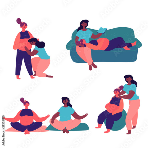 A cute couple of lesbians cares about one another . An African American woman with her pregnant girlfriend spend time doing yoga  reading books and preparing for childbirth.