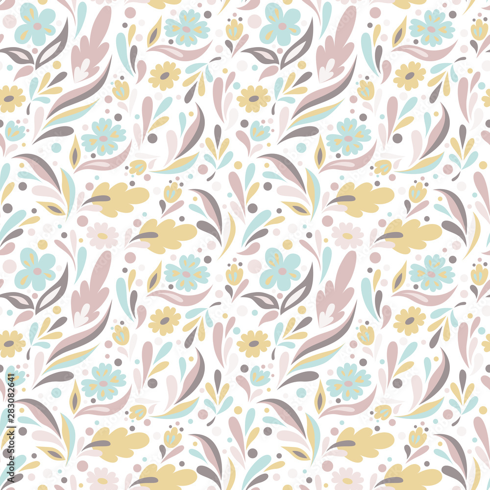 Seamless floral pattern in doodle style with flowers and leaves on white background. Pretty Pastels colors