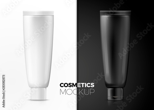 Vector set - 3d realistic cream tubes, standing on the cap and bottom, isolated on black and white backgrounds. Mock-up for product package branding.