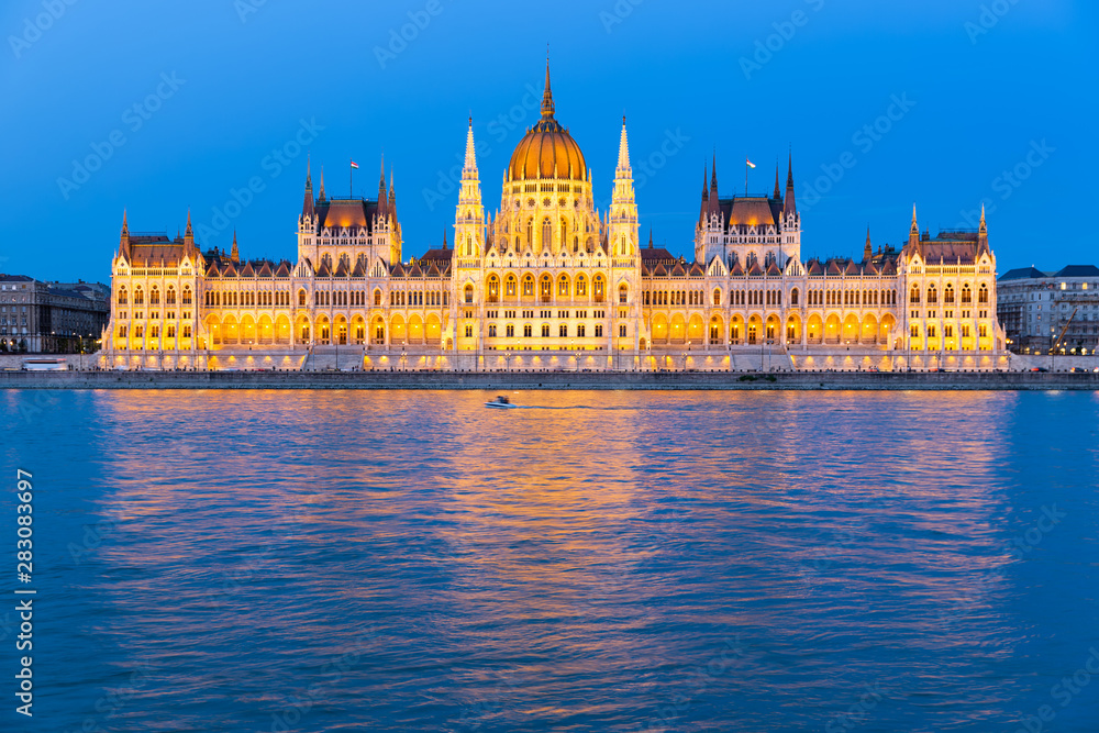 Parliament Building along river Danube at night Parliament Building along river Danube at night