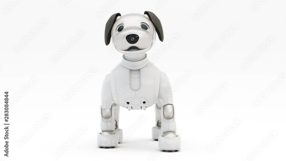 Robotic dog Aibo. Robot. 3d render. 4K. Looping motion. Robotic dog Aibo. Robot. 3d render. 4K. Looping motion.