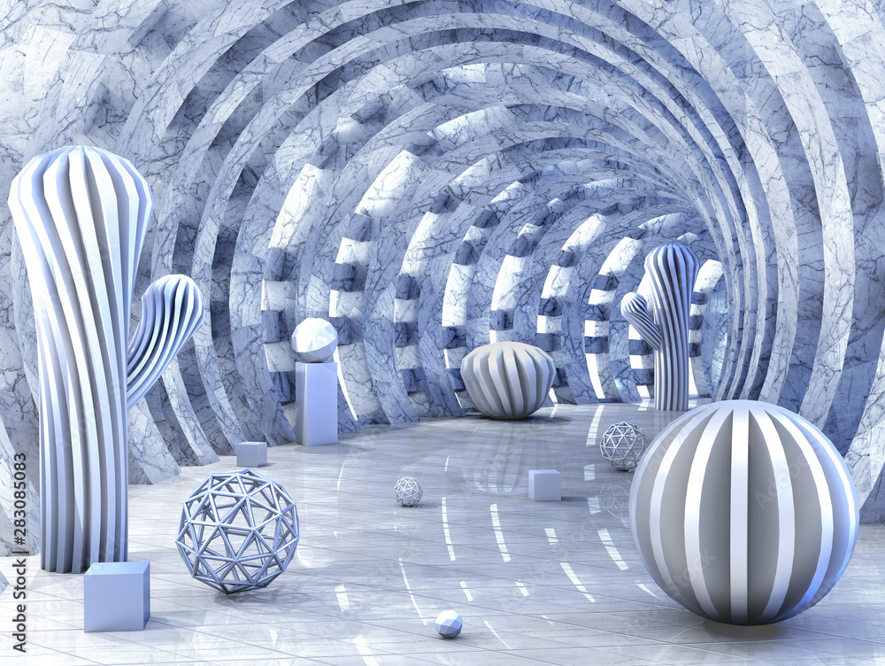 Fototapeta premium Okrągły tunel przebity światłem z kulkami 3D renderowania 3d