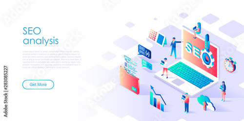 Modern flat design isometric concept of Seo Analysis for banner and website. Isometric landing page template. Teamwork project, web agency and new company project. Vector illustration.