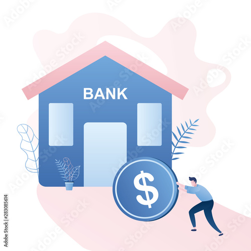 Credit burden,man rolls a coin into the bank,loan payment,male character