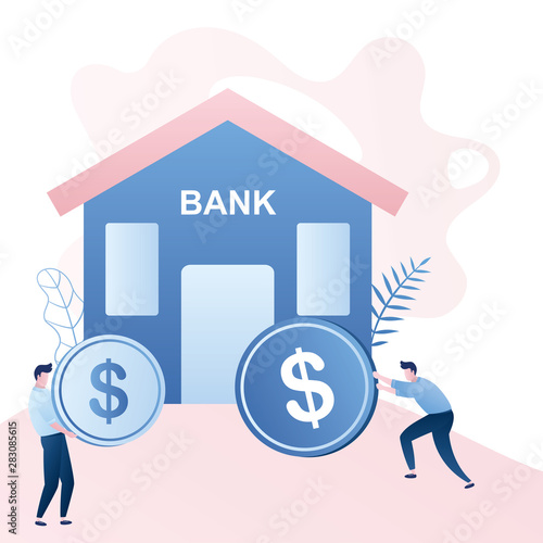 Businessmen pay loans concept, credit burden background,male characters with coins,