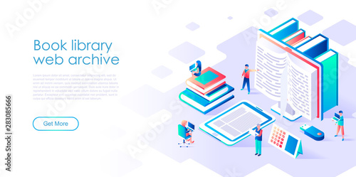 Modern flat design isometric concept of Book Library for banner and website. Isometric landing page template. Technology and literature, digital culture on media library. Vector illustration.