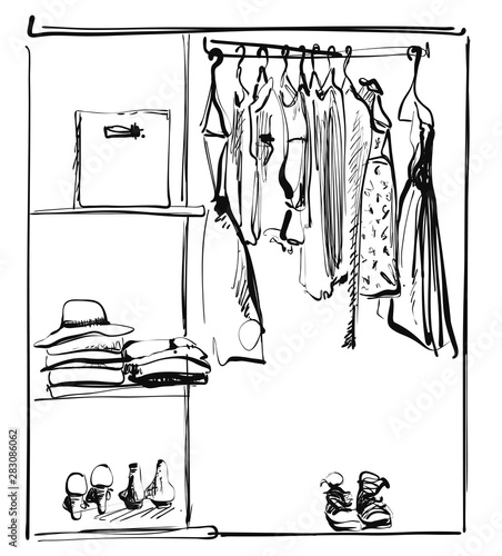Open wardrobe with clothes and foots on shelves and hangers. Vector illustration of a sketch style.