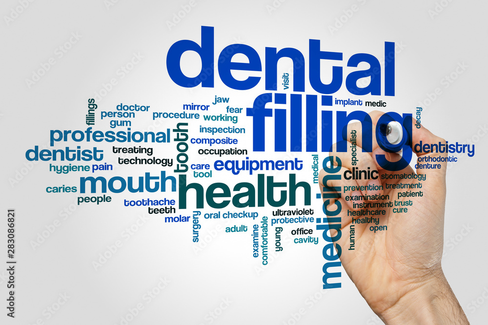Dental filling word cloud concept on grey background Dental filling word cloud concept on grey background