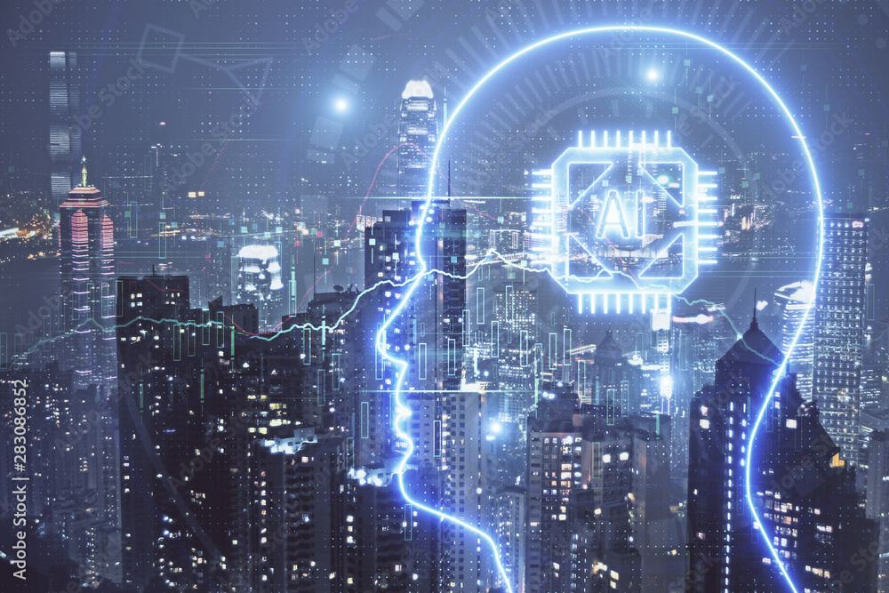 Brain hologram drawing on city scape background Double exposure. Brainstorming concept. Brain hologram drawing on city scape background Double exposure. Brainstorming concept.