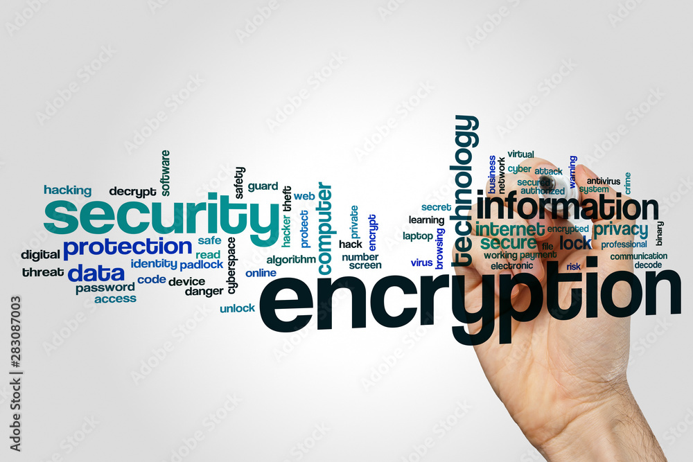 Encryption word cloud concept on grey background Encryption word cloud concept on grey background