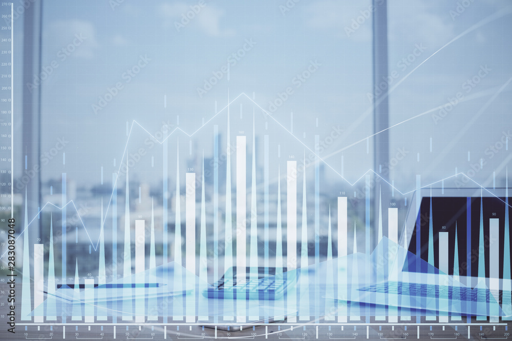 Forex Chart hologram on table with computer background. Multi exposure. Concept of financial markets. Forex Chart hologram on table with computer background. Multi exposure. Concept of financial markets.