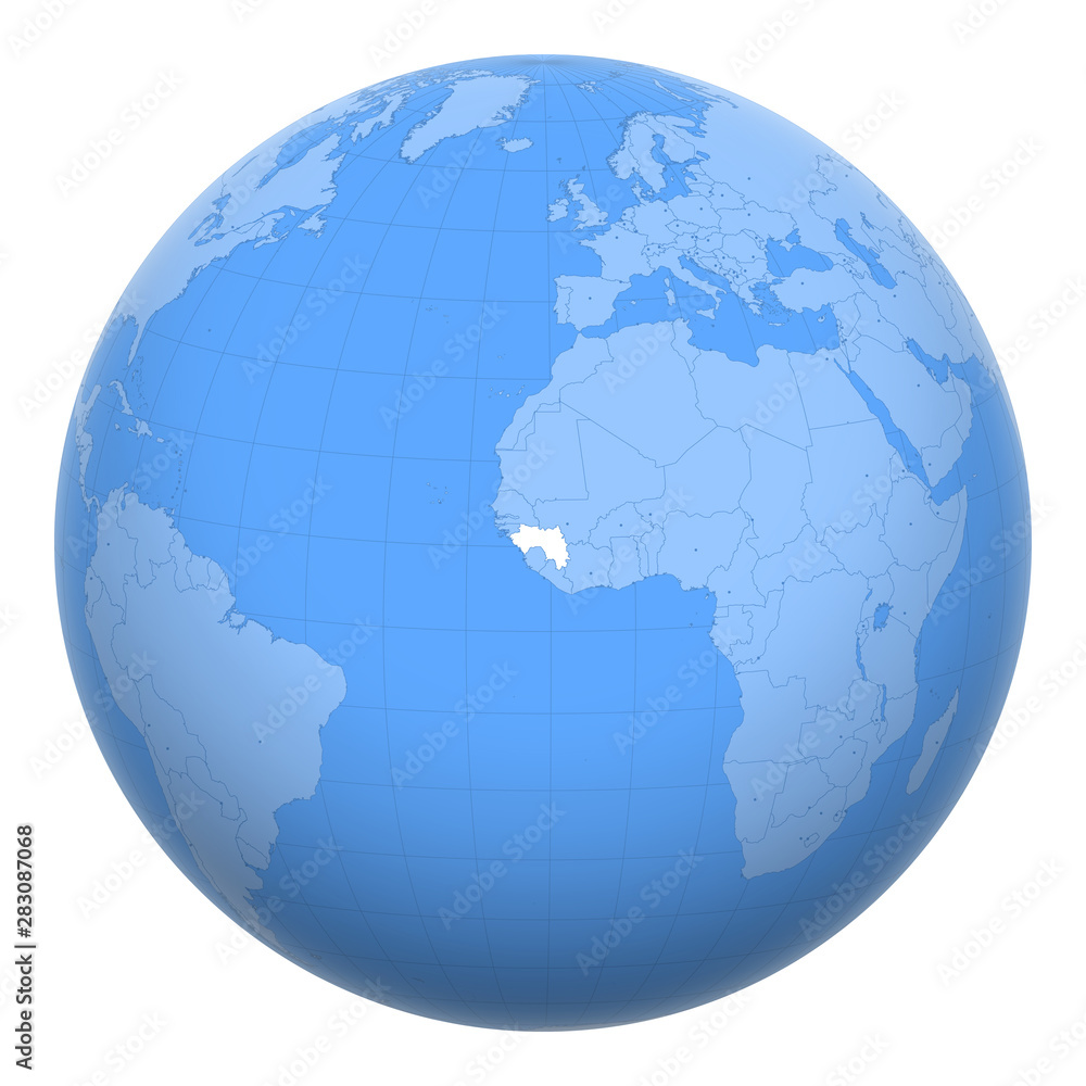 Guinea (Guinea-Conakry) on the globe. Earth centered at the location of the Republic of Guinea. Map of Guinea. Includes layer with capital cities.
