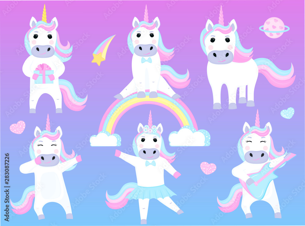 Set of funny unicorns. Cartoon characters playing guitar, dancing, sitting on a rainbow.